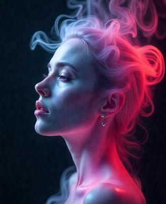 The primary subject of the image is a woman with blonde hair, who is looking at the camera. She is wearing a necklace and has a pinkish hue to her skin. The setting is a dark room, and the visual style appears to be a combination of a photo and digital art. The colors and mood of the image are predominantly pink, creating a warm and inviting atmosphere.